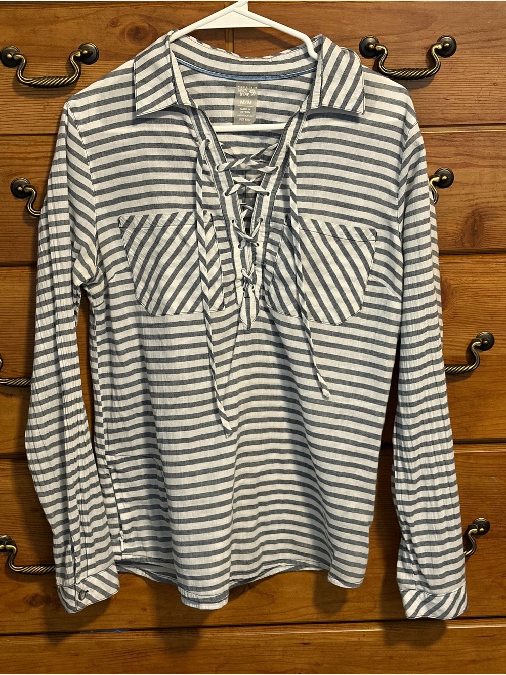 Mountain Hardwear Lace-Up Striped Long Sleeve Top - Gray & White